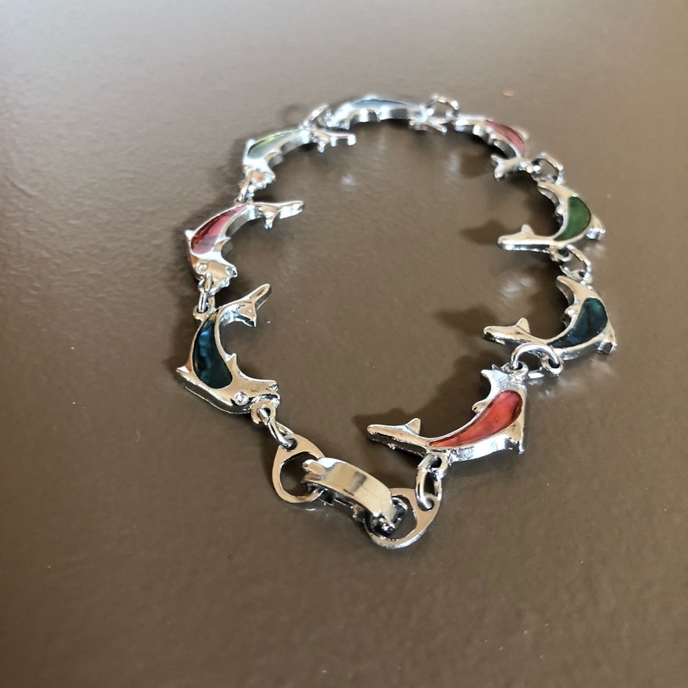 Silver Colorful Dolphin Link Bracelet | Nautical Ocean Beach Jewelry | Charm - Picture 3 of 3